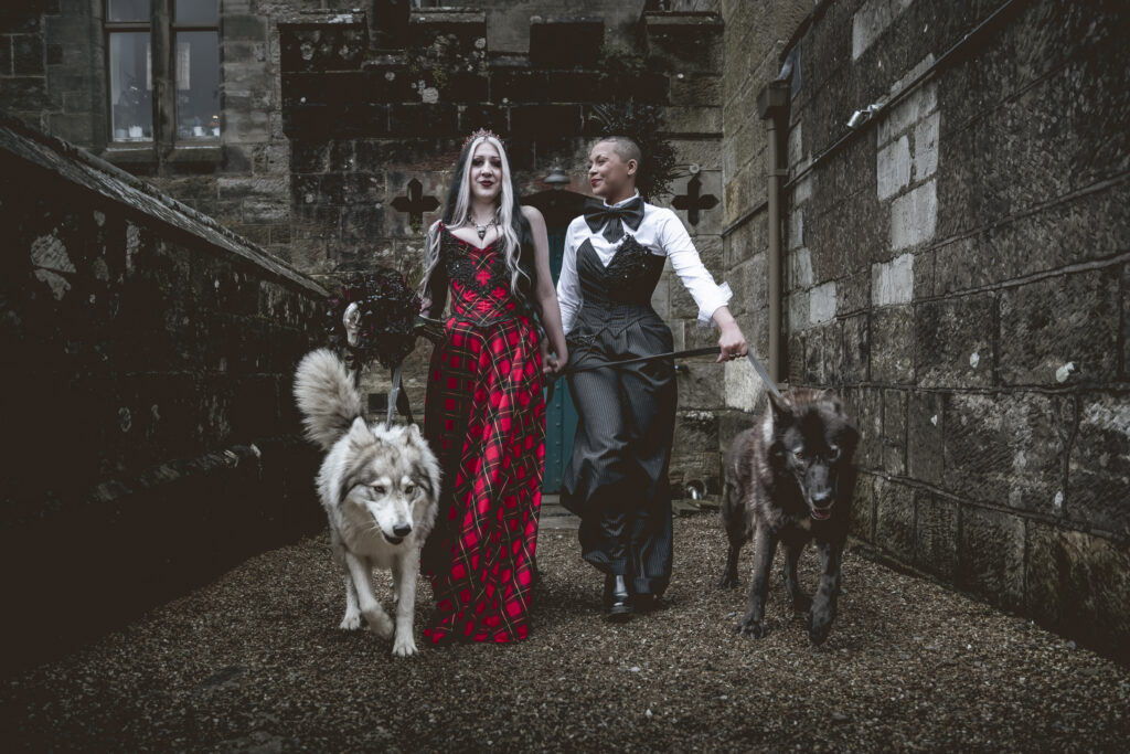 Couple with wolf dogs walking.
